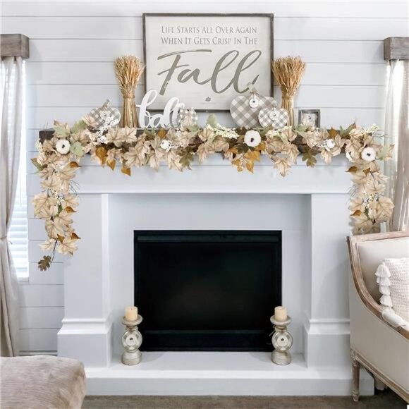 Fall Decor Garland - 6Ft Autumn Maples Leaf Pumpkin Berry Garland White Decor - Picture 2 of 6